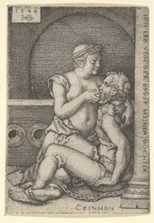Cimon a jobb oldalon egy oszlopnak ülve szopta a mellette térdelő Perót, 1544.