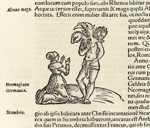 Egy boszorkány megidéz egy háromfejű démont, Sebastian Munster „Cosmographia” című művének 1550-es kiadásából (fametszet)
