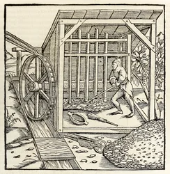 Bányászat vízikerékkel, Sebastian Munster „Cosmographiájának” 1550-es kiadásából (fametszet)