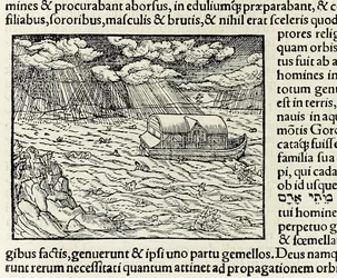 Noé bárkája és az özönvíz, a Cosmographia 1550-es kiadásából; szerző: Sebastian Munster (fametszet)