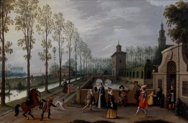 An elegant company promenading outside a palace