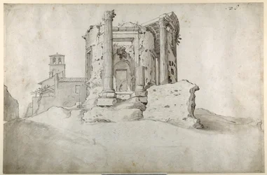 Tiburtine Sibyl templomának romjai a tivoliban (toll és barna tinta szürke barna mosással fehér papíron)