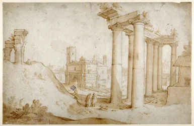 A Forum Romanum Titusz és Vespasianus templomával, Szaturnusz temploma és Septimius Severus íve (Toll és barna tinta barna mosással, papíron)