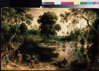 Utazás katonai kísérettel. Sebastiaen Vrancx (1574-1647) festménye. Olaj, fa, 38,5 x 59 cm, 1610 körül. Flamand művészet, barokk művészet. Puskin Szépművészeti Múzeum, Moszkva.