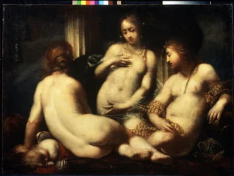 A három kegyelem. (A három grácia). Sebastiano Mazzoni (1611-1678) festménye, 1650 körül. Firenzei barokk stílusú művészet. Olajfestmény. Puskin Szépművészeti Múzeum, Moszkva