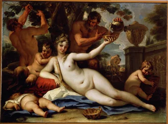 Bacchante et satyres (Bacchante és Satyrs). A szatírok leszedik a szőlőt a szőlőből, és vörösborral szolgálják fel a bacchante-t, egy fekvő női aktot. Sebastiano Ricci (1659-1734) festménye, 1713 körül. Velencei művészet. Olajfestmény. Ermitázs Múzeum, Sa