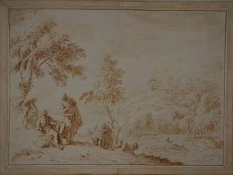 Kiterjedt lelkipásztori táj dombvárossal, 1720 körül (barna tinta és mosás)