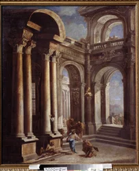 A vak jerikói Bartimeus gyógyulása. A jerikói vak ember gyógyulása. Sebastiano Ricci (1659-1734) festménye. Olajfestmény. Barokk olasz művészet. Ivan Kramskoy (vagy Kramskoi) Szépművészeti Múzeum Voronyezsben (Voronyezs), Oroszország.