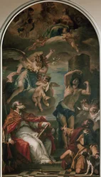A Szűz dicsőségben Gábriel arkangyallal, Szent Eusebiusszal, Szent Sebestyénnel és Szent Rókussal (olaj, vászon