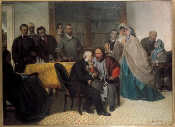 Giuseppe Garibaldi olasz hazafi találkozik Alessandro Manzoni olasz íróval (olaj, vászon).
