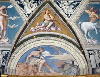 A Loggia della Galatea A galateai loggia boltozatdísz részlete, amely Junót a szekerén és egy hegedűst ábrázolja, 1506-os freskó