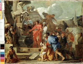 ""Augusztus császár meglátogatja Nagy Sándor sírját egyiptomi hadjárata során" (Augustus Nagy Sándor sírja előtt) Sebastien Bourdon (1616-1671) festménye 1650-1660 V. 45,5 x 56,5 cm Ermitázs Múzeum, Szentpétervár