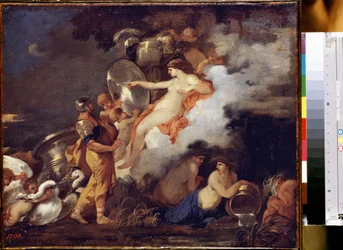 "Vénusz és Aeneas" (Vénusz és Aeneas) Vénusz megjelenik fiának, Aeneasnak, hogy segítse őt az utazásban. Sebastien Bourdon (1616-1671) festménye 1650-1660 Méret: 45,5x54,5 cm Ermitázs Múzeum, Szentpétervár