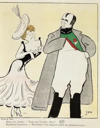 Albert Bresseur színész 1901 (1862-1932) Napóleon szerepében a Madame Sans-Gene-ben, Victorien Sardou (1831-1908), karikatúra 1893-ból (illusztráció)