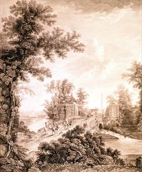 A gácsinai Connetable-obeliszk látképe, metszet: Ivan Dmitrijevics Telegin (sz.1779), 1800 körül (metszet metszettel).