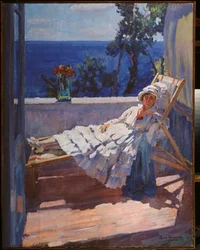 Egy hölgy az erkélyen – Szergej Arszenjevics Vinogradov (1869-1938) festménye, olaj, vászon