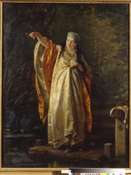 Nő Boyar (boyar, boyar) a tartály takarmány hal. (Boyar felesége a víztározónál). Szergej Ivanovics Gribkov (1820-1893) festménye, olaj, vászon