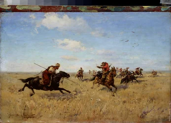Dnyeper kozákok és tatárok harca – Szergej Ivanovics Vaszilkovszkij (1854-1917) festménye, olaj, vászon