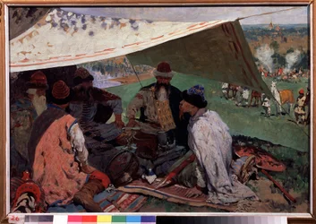 Orosz hercegek egyezménye. A Riourikid-dinasztia hercegeinek találkozása sátor alatt a középkorban. Szergej Vaszilvics Ivanov (1864-1910) festménye, olaj, vászon