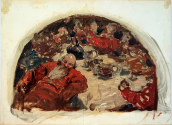 A bajok ideje. Az orosz történelem időszaka 1598-tól 1613-ig, vörös öltönybe öltözött férfiak ivójelenete. Szergej Vasziljevics Ivanov (1864-1910) munkája, olaj, karton