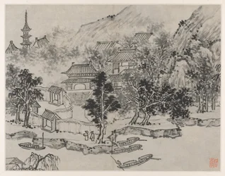 Tiger Hill 12 nézete, Suzhou: Távoli kilátás a Tiger Hillre a csatorna kikötéséről