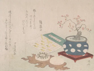 Bonsai szilva, iránytű és zsebnapóra naptárral, Spring Rain Surimon..., 1806.