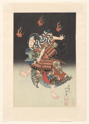 Nakamura Shikan II mint de vos (kitsune) Genkurô a „Hanayagura hitome senbon” hangszínben, Naka Színház