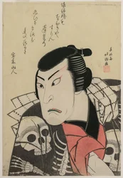 Ichikawa Ebijūrō I. színész, mint Tōken (kínai kutya) Jūbei, a Vörös és lila, Oszakai gazdag festékek (Benimurasaki ai de someage) című darabban