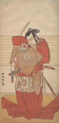 A színész, Ishikawa Danjuro V, aki kivont karddal a kezében Shibaroku-akciót hajt végre..., kb. 1781.