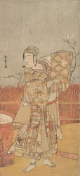 A színész, Sawamura Sojuro III, kezében egy darab brokátot, 18. század vége.