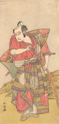 A második Ichikawa Yaozo Gaudy Kamishimoba öltözött szamurájként, valószínűleg 1773-ban.