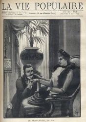 Egy térden álló férfi egy elegáns nő kezét fogja, egy polgári nappaliban ül, kabátot, ujjat és szőrmesálat visel. Illusztráció: Le Seducteur par Gyp (Sibylle Gabrielle Marie Antoinette Riquetti de Mirabeau, Martel d grófnője