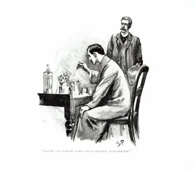 „Holmes keményen dolgozott egy vegyi vizsgálaton”, illusztráció Arthur Conan Doyle (1859-1930) „A haditengerészeti szerződés” című művéhez, megjelent a „Strand Magazine”-ban, 1893 októberében és novemberében