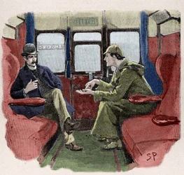 Silver Blaze: Sydney Paget illusztrációja egy Sherlock Holmes kalandról. A híres nyomozót Dr. Watsonnal egy vonaton ábrázolják. Megjelent a „The Strand Magazine”-ban. Conan Doyle hírei. 1892.