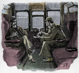 Silver Blaze: Sidney Paget illusztrációja egy Sherlock Holmes-kalandhoz. A híres detektív Dr. Watsonnal együtt látható egy vonaton. Megjelent a „The Strand Magazine” című folyóiratban. Conan Doyle története. 1892.