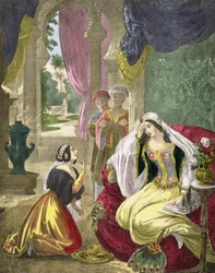 A rab héber szobalány, aki Naaman feleségére várt, Edward Gover által nyomtatott bibliából, 1870-es évek