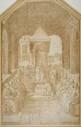 Aeneas Piccolomini megcsókolja Eugenius pápa papucsát Pinturicchio után (toll és barna tinta mosás papíron)