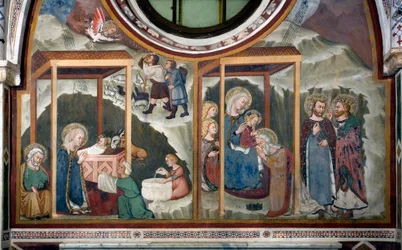 A Sienai Iskola Magi Freskójának születése és imádása. 14. század. Szűz kápolna. Szent Benedetto kolostor (Sacro Speco), Subiaco (Róma), Olaszország
