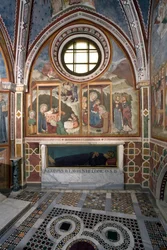 A sienai Magi Fresco Iskola születése és imádata. 14. század. Szűz kápolna. Szent Benedetto kolostor (Sacro Speco), Subiaco (Róma), Olaszország