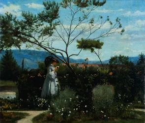 Virágok között a kertben, Silvestro Lega (1826-1895) műve.
