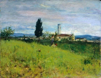 Templom vidéken, Silvestro Lega (1826-1895), olajtábla, 29x38 cm