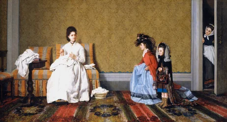 Hölgyeket ápoló lányok, Silvestro Lega (1826-1895), olaj, vászon, 59x111 cm