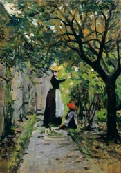 Rózsakertben, Silvestro Lega (1826-1895), olaj, panel, 36,5x25,5 cm