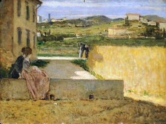 Egy villa árnyékában, Silvestro Lega (1826-1895) alkotása, 34x46 cm