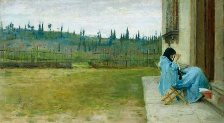 Hölgy munkahelyen, Silvestro Lega (1826-1895), olaj, vászon, 22x40 cm