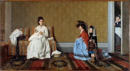 Kislányok nagy hölgyeket játszanak. Két nővér az édesanyjuk ruháiba öltözik. Silvestro Lega (1826-1895) festménye, 1872. Magángyűjtemény
