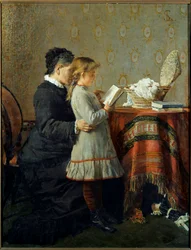 Olvasás lecke. Egy ápolónő megtanul olvasni egy kislánytól. Silvestro Lega festménye (1826-1895) Ec. Ital