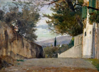 A Salita del Pellegrino Firenzében, Silvestro Lega (1826-1895), olaj, panel, 24x35 cm, Olaszország