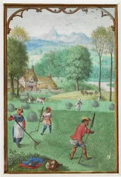 MS 18855 f.109v hozzáadása július: betakarítás, vetés, egy órakönyvből, 1540 körül (vellum)