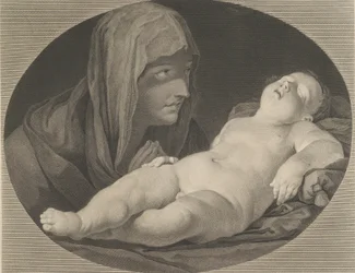 A Szűzanya imában, az alvó csecsemő Krisztusra néz, ovális keretben, Reni után,..., 1765.